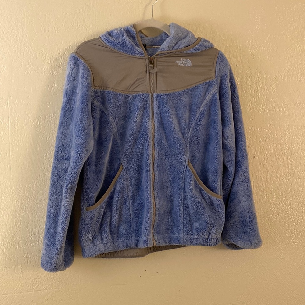 blue fluffy north face jacket